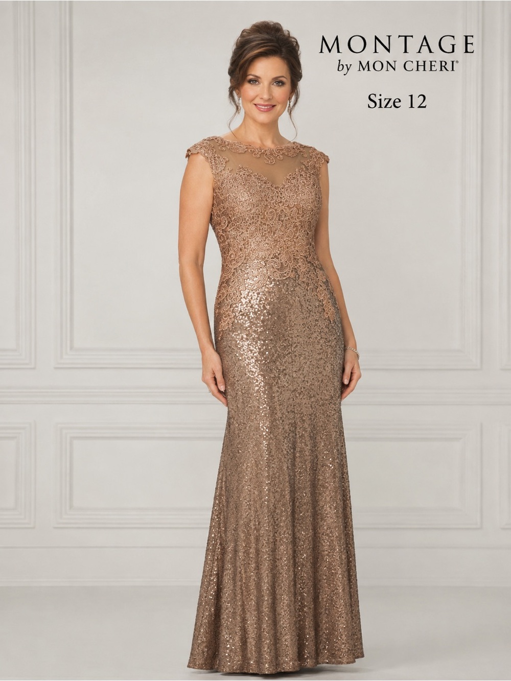 Montage by Mon Cheri Size 12 Bronze Sequin Lace Formal Evening Gown Maxi Dress